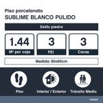 Piso Porcelanato Sublime Color Blanco Pulido Rectificado de 60 x 60 cm en Caja de 1.44 m²