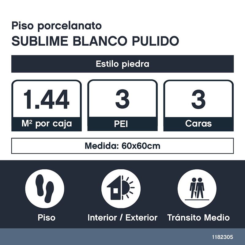 Piso Porcelanato Sublime Color Blanco Pulido Rectificado de 60 x 60 cm en Caja de 1.44 m²