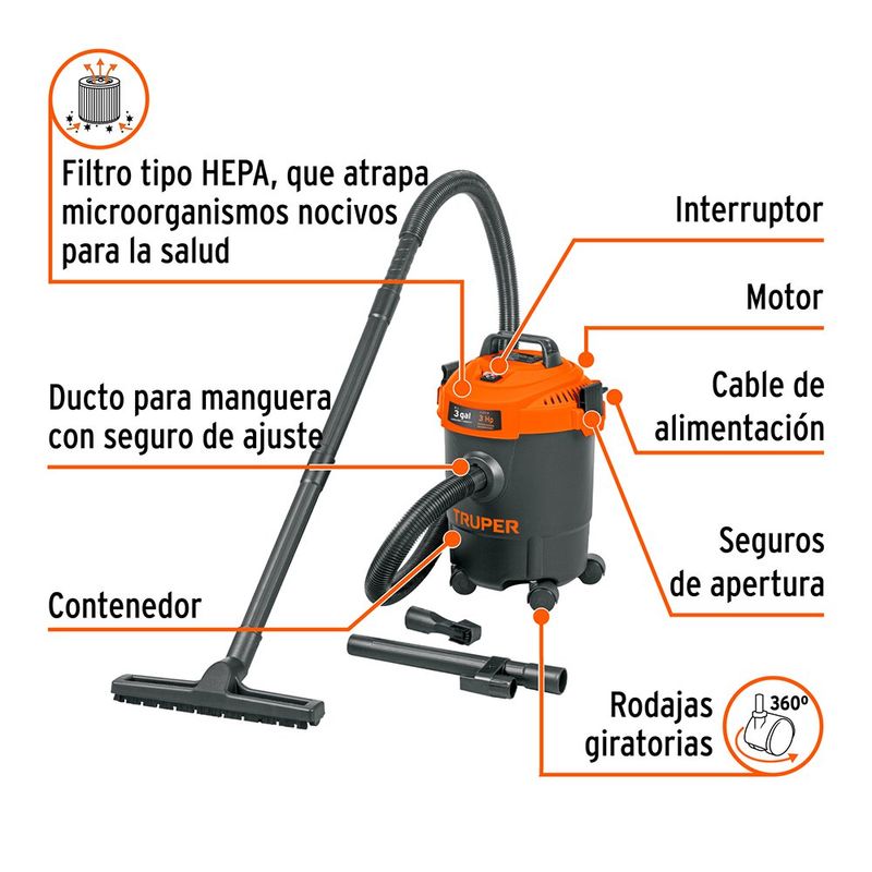 Aspiradora de Sólidos y Líquidos con Filtro HEPA de 3 galones