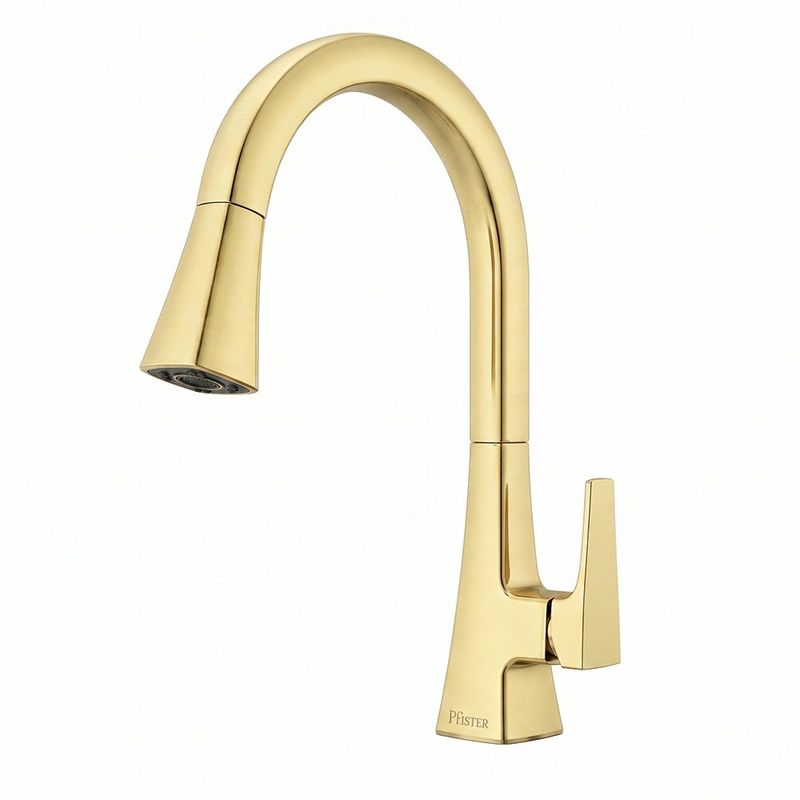 Grifo para Lavatrastos Pull Down Monocontrol con Cuello Alto Giratorio 360° en Acero Satinado Color Dorado