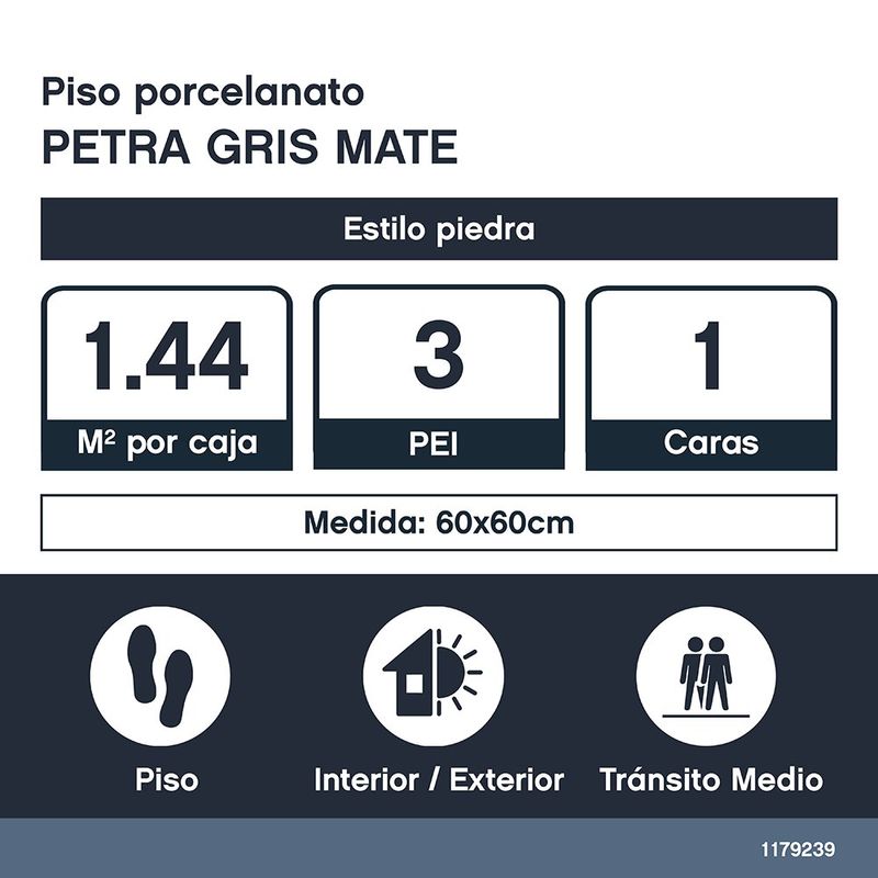 Piso Porcelánico Petra Color Gris Mate Rectificado de 60 x 60 cm en Caja de 1.44m²