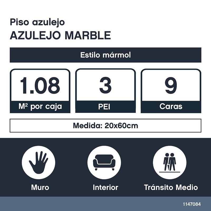 Azulejo Tipo Mármol de 20 x 60 cm en Caja de 1.08 m²