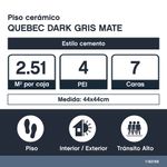 Piso Cerámico Quebec Dark Acabado Mate Color Gris de 44 x 44 cm en Caja de 2.51 m²