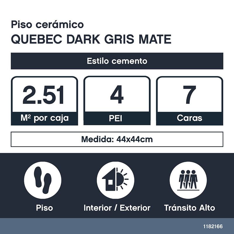 Piso Cerámico Quebec Dark Acabado Mate Color Gris de 44 x 44 cm en Caja de 2.51 m²