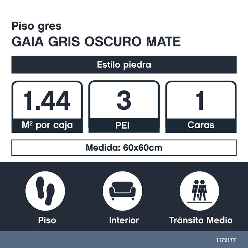 Piso Gres Gaia Color Gris Oscuro Mate Rectificado de 60 x 60 cm de 1.44 m²