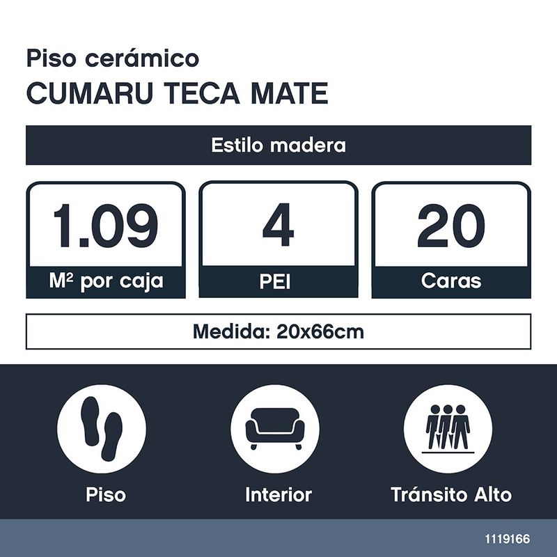 Piso Cerámico Cumaru Teca Mate de 20 x 66 cm en Caja de 1.09 m²