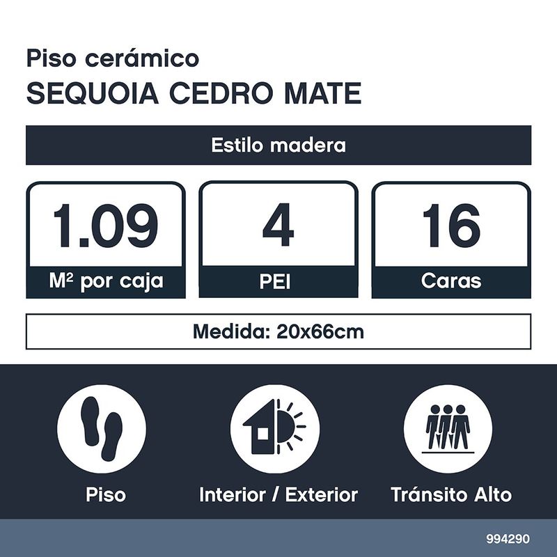 Piso Cerámico Sequoia Cedro Acabado Mate Color Café de 20 x 66 cm en Caja de 1.09 m²