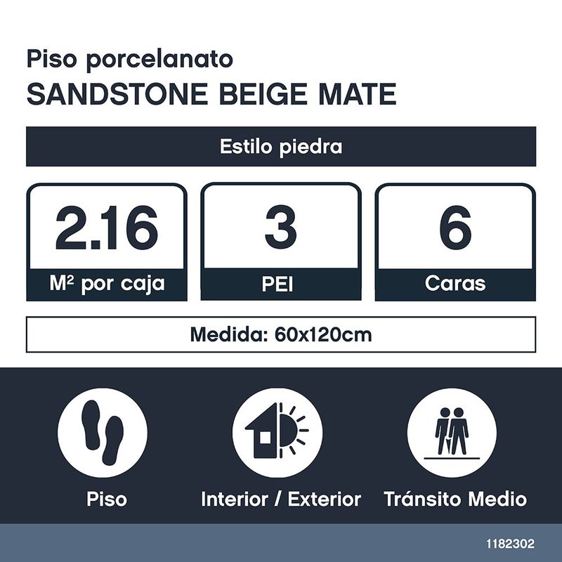 Piso Porcelanato Sandstone Color Beige Mate Rectificado de 60 x 120 cm en Caja de 2.16 m²