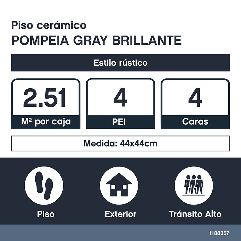 Piso Cerámico Pompeia Acabado Mate Color Gris de 44 x 44 cm en Caja de 2.51 m²