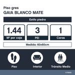 Piso Gres Gaia Color Blanco Mate Rectificado de 60 x 60 cm en Caja de 1.44 m²