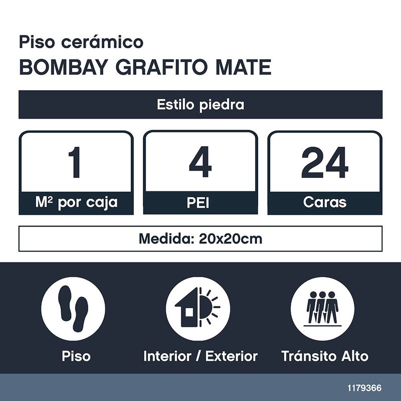 Piso Cerámico Bombay Acabado Mate de 20 x 20 cm Color Grafito