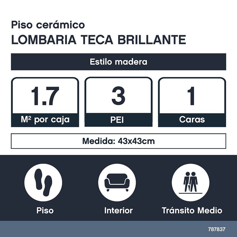 Piso Cerámico Lombaria Teca Brillante de 43 x 43 cm en Caja de 1.7 m²