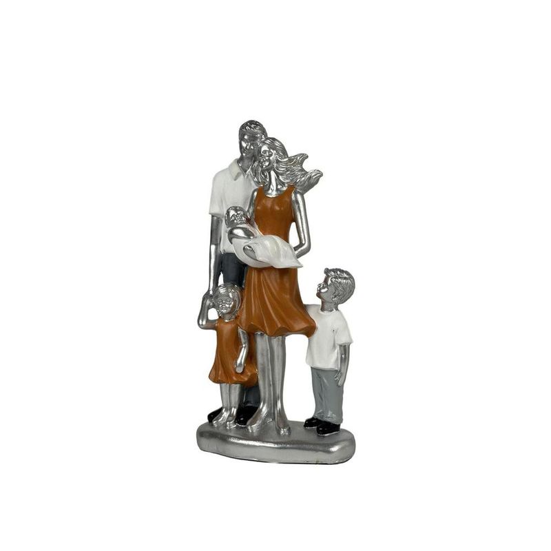 Figura Decorativa Familia de Cinco Integrantes 12.5 x 25.5 cm Color Plateado y Naranja