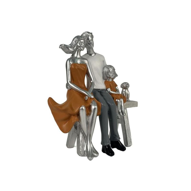 Figura Decorativa Familia Sentada con Mascota 18 x 21 cm Color Plateado y Azul