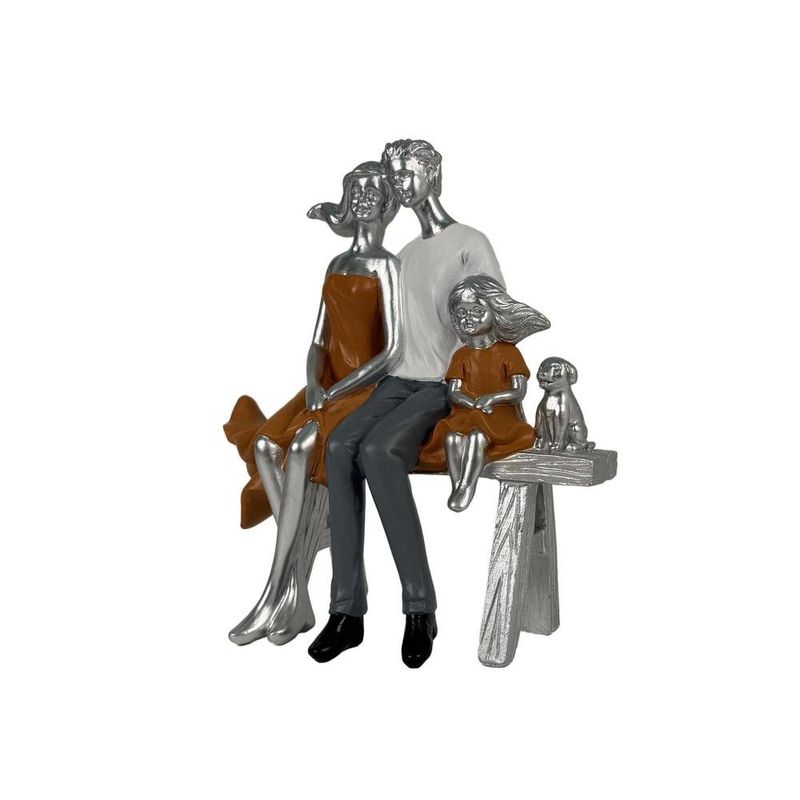 Figura Decorativa Familia Sentada con Mascota 18 x 21 cm Color Plateado y Azul