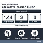 Piso Porcelanato Calacatta Color Blanco Pulido Rectificado de 60 x 60 cm en Caja de 1.44 m²