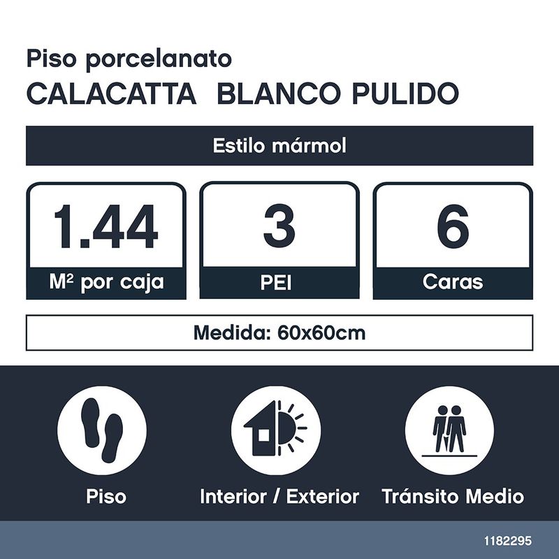 Piso Porcelanato Calacatta Color Blanco Pulido Rectificado de 60 x 60 cm en Caja de 1.44 m²