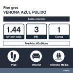 Piso Gres Verona Color Azul Pulido Rectificado de 60 x 60 cm en Caja de 1.44 m²