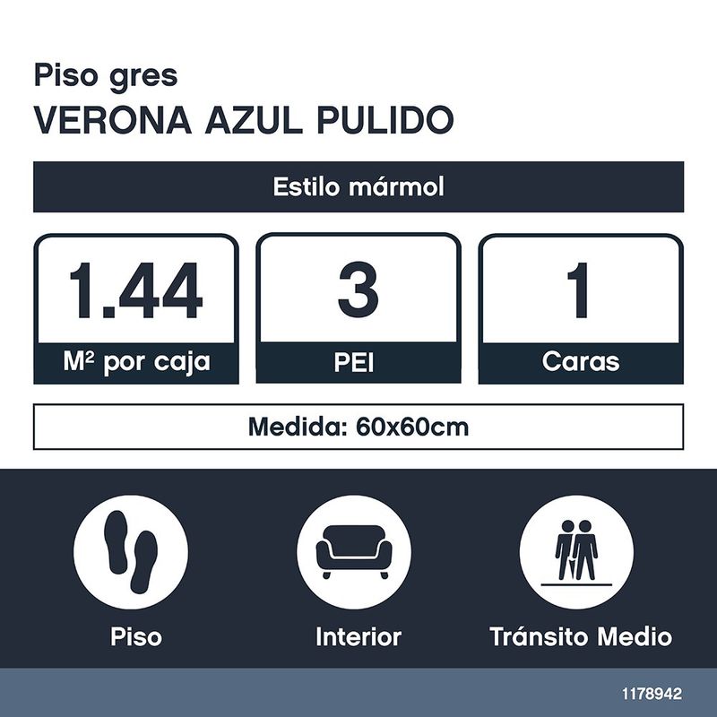 Piso Gres Verona Color Azul Pulido Rectificado de 60 x 60 cm en Caja de 1.44 m²
