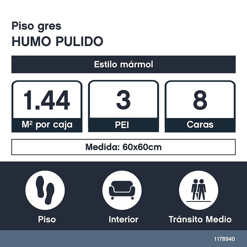 Piso Gres Imperial Color Humo Pulido Rectificado de 60 x 60 cm en Caja de 1.44 m²