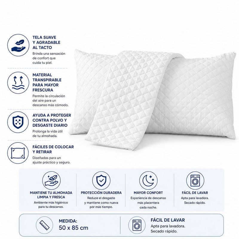 Set de Fundas Protectoras para Almohada Acolchadas Queen Color Blanco, 2 Piezas