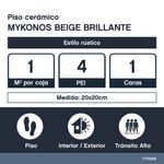 Piso Cerámico Mykonos Color Beige Rústico Semibrillo No Rectificado de 20x20 cm en Caja de 1 m²