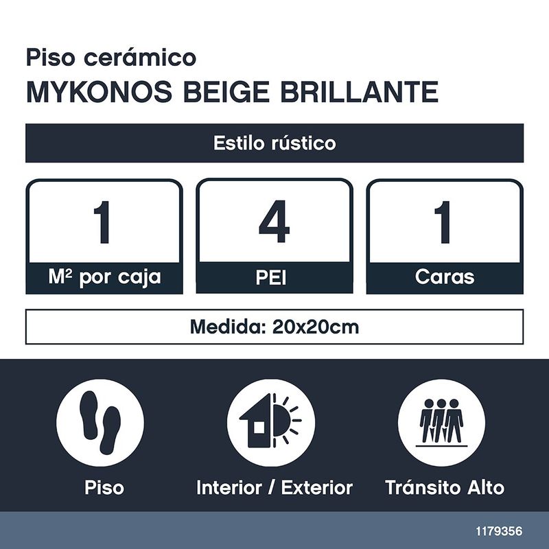 Piso Cerámico Mykonos Color Beige Rústico Semibrillo No Rectificado de 20x20 cm en Caja de 1 m²