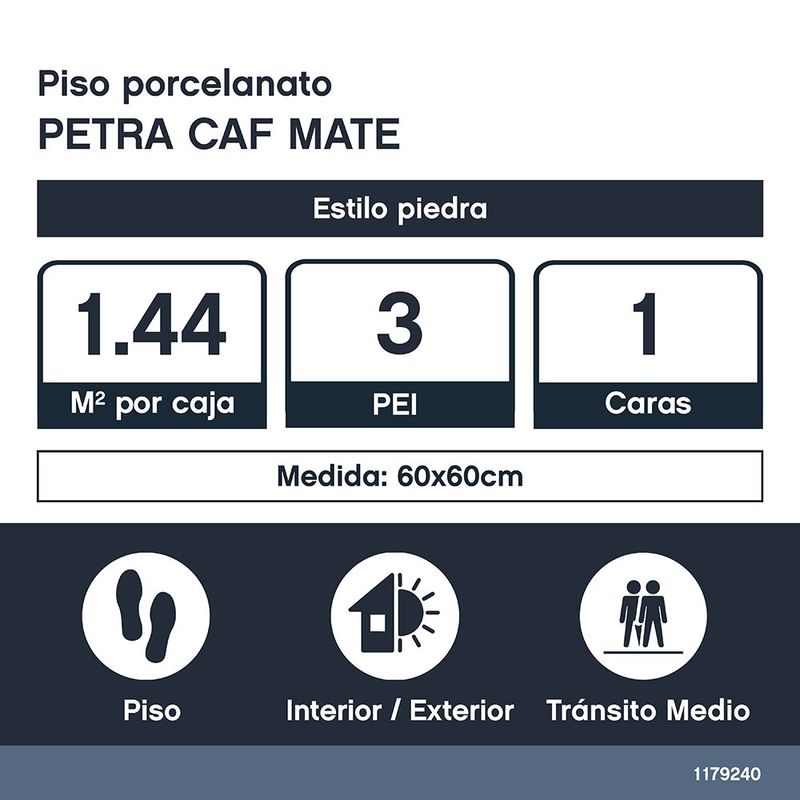 Piso Porcelánico Petra Color Café Mate Rectificado de 60 x 60 cm en Caja de 1.44 m²