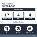 Piso Cerámico Duero Color Beige Rústico Mate No Rectificado de 43x43 cm en Caja de 1.7 m²