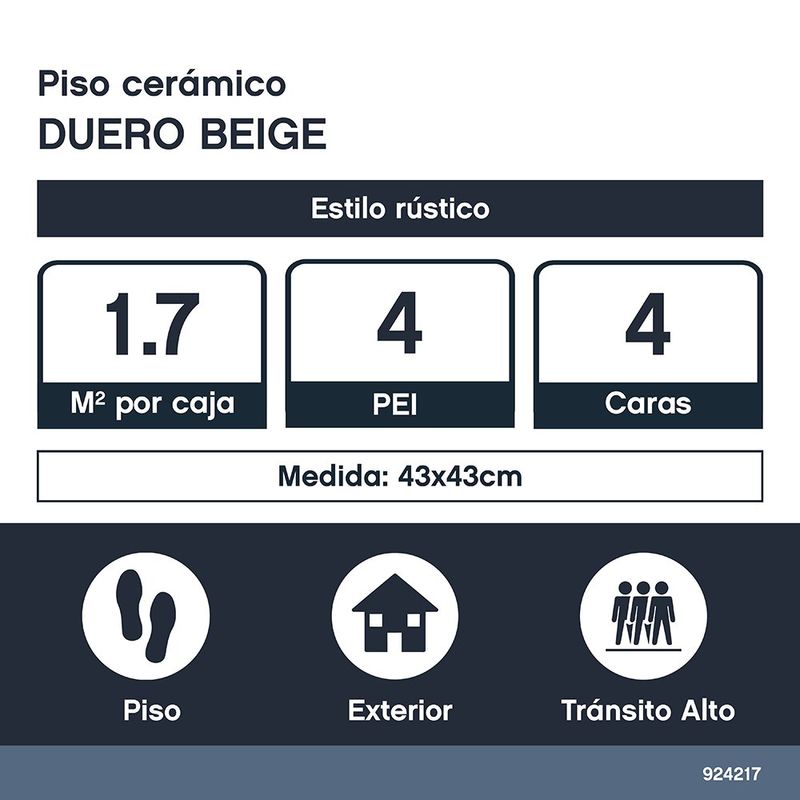 Piso Cerámico Duero Color Beige Rústico Mate No Rectificado de 43x43 cm en Caja de 1.7 m²