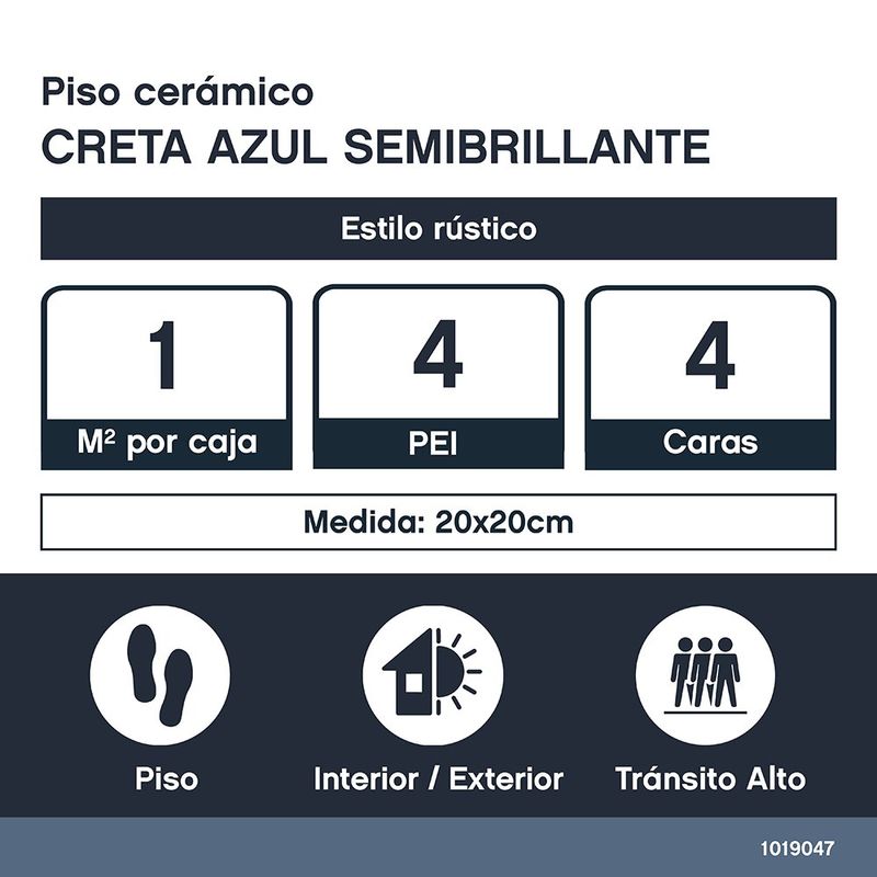 Piso Cerámico Creta Color Azul Rústico Semibrillo No Rectificado de 20x20 cm en Caja de 1 m²
