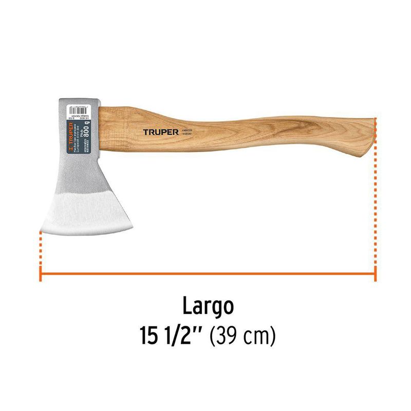 Hacha Europea de Acero al Carbono 800 g con Mango Hickory 15 Plg