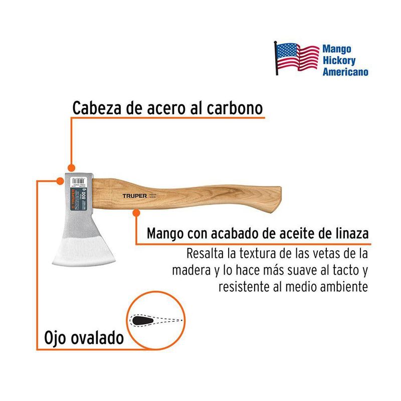 Hacha Europea de Acero al Carbono 800 g con Mango Hickory 15 Plg