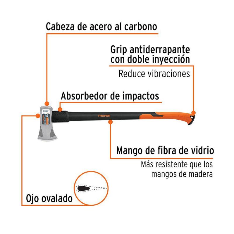 Hacha Michigan de Acero al Carbono 4 lb con Mango de Fibra de Vidrio 34 Plg