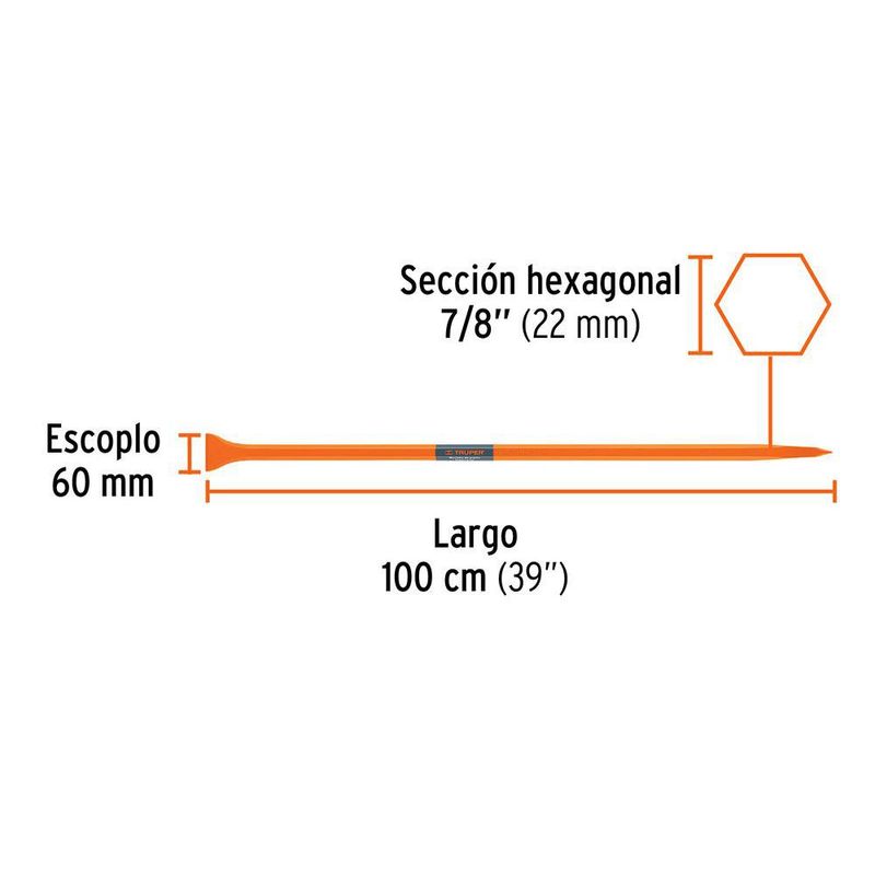 Barreta de Punta de Acero con Escoplo 60 mm y Sección Hexagonal 7/8 Plg x 100 cm