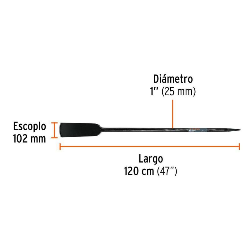 Barra Cavadora de Acero Medio Carbono con Escoplo 102 mm y Diámetro 1 Plg x 120 cm