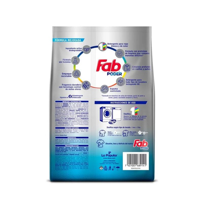 Detergente en Polvo Fab Advance para Ropa Blanca y de Color de 1.65 Kg