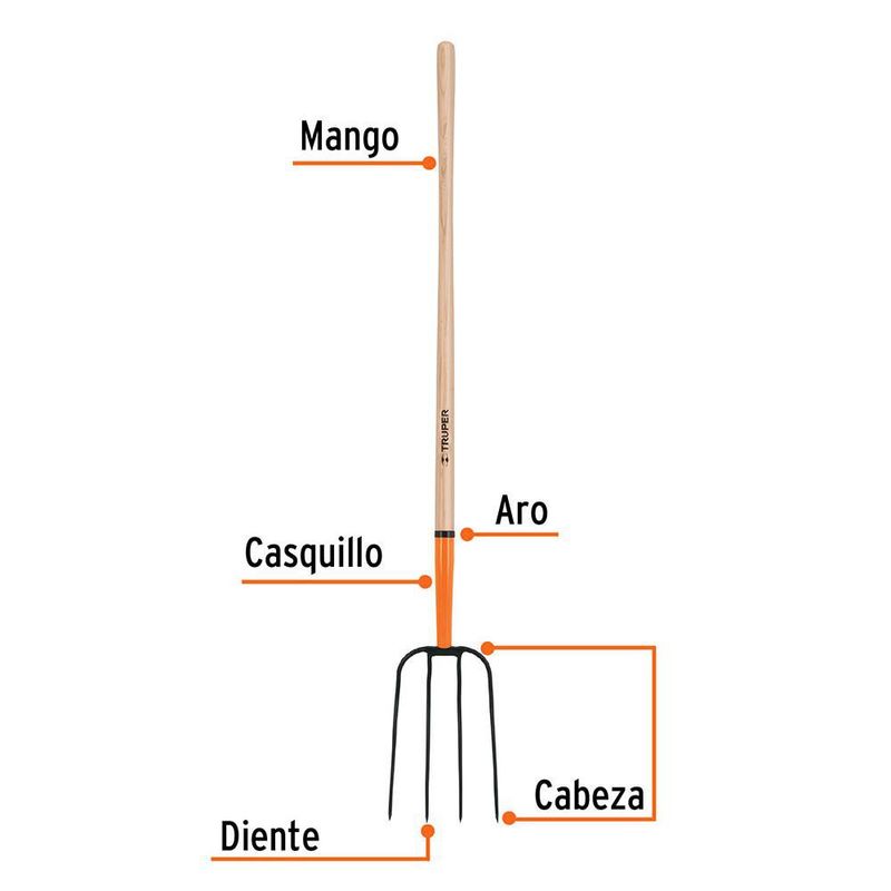 Bieldo para Jardín de Acero Forjado con 4 Dientes y Mango de Madera 48 Plg