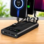 Power Bank Solar de 10,000 mAh con Cables Integrados en Color Negro