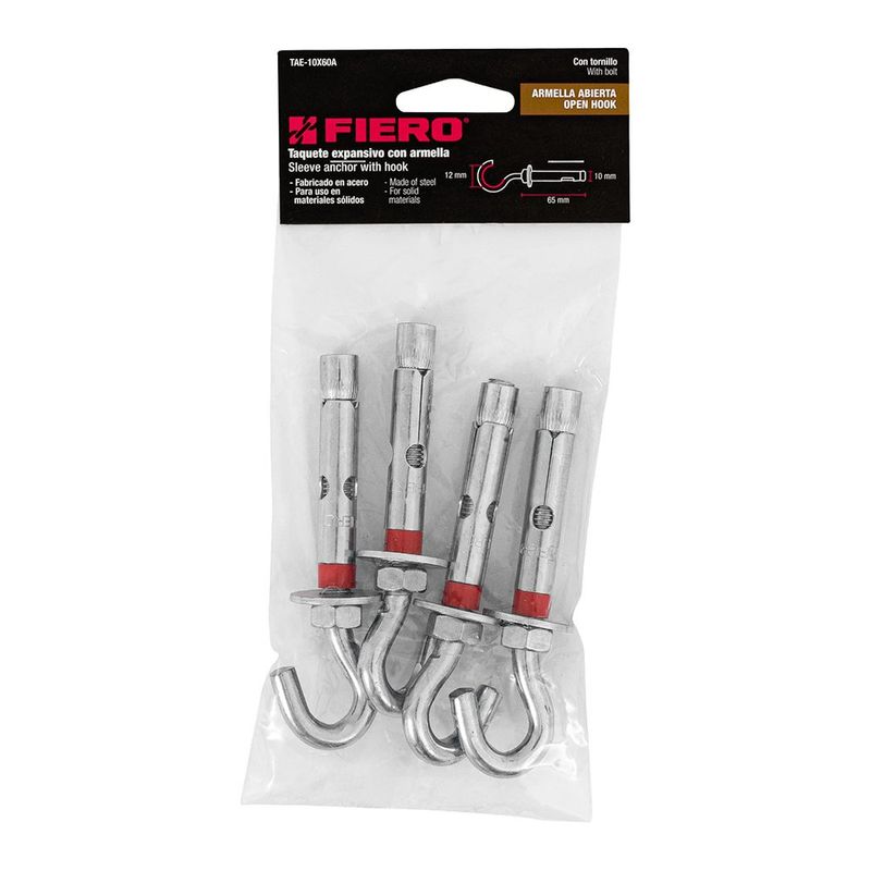 Bolsa con 4 Taquetes Expansivos con Armella Abierta de 2-1/2 x 3/8 plg