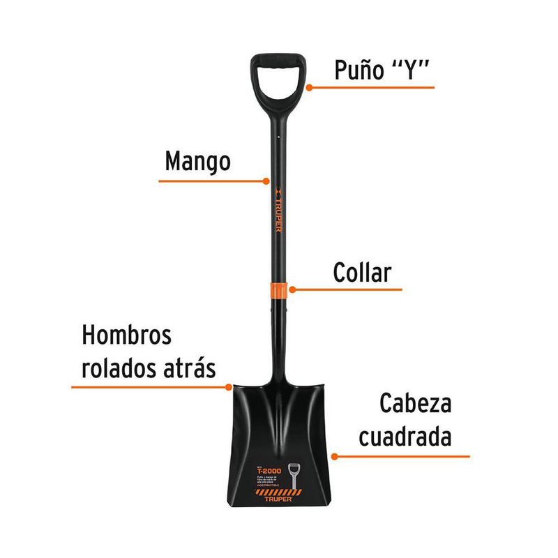 Pala Cuadrada de Acero con Mango de Fibra de Vidrio y Puño "Y " de 104 cm