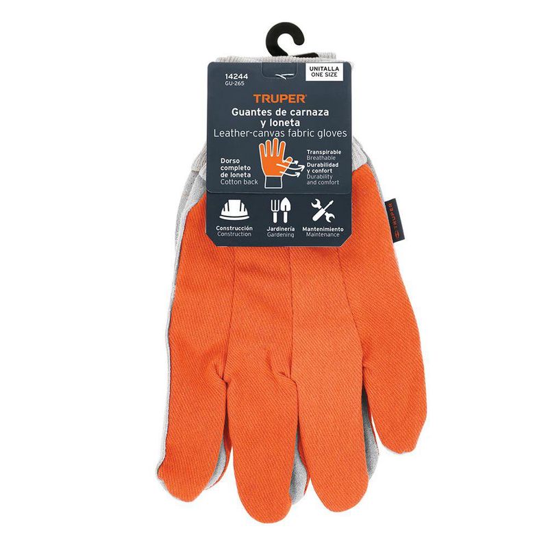 Guantes de Carnaza y Lona para Trabajo Ligero Unitalla Color Naranja