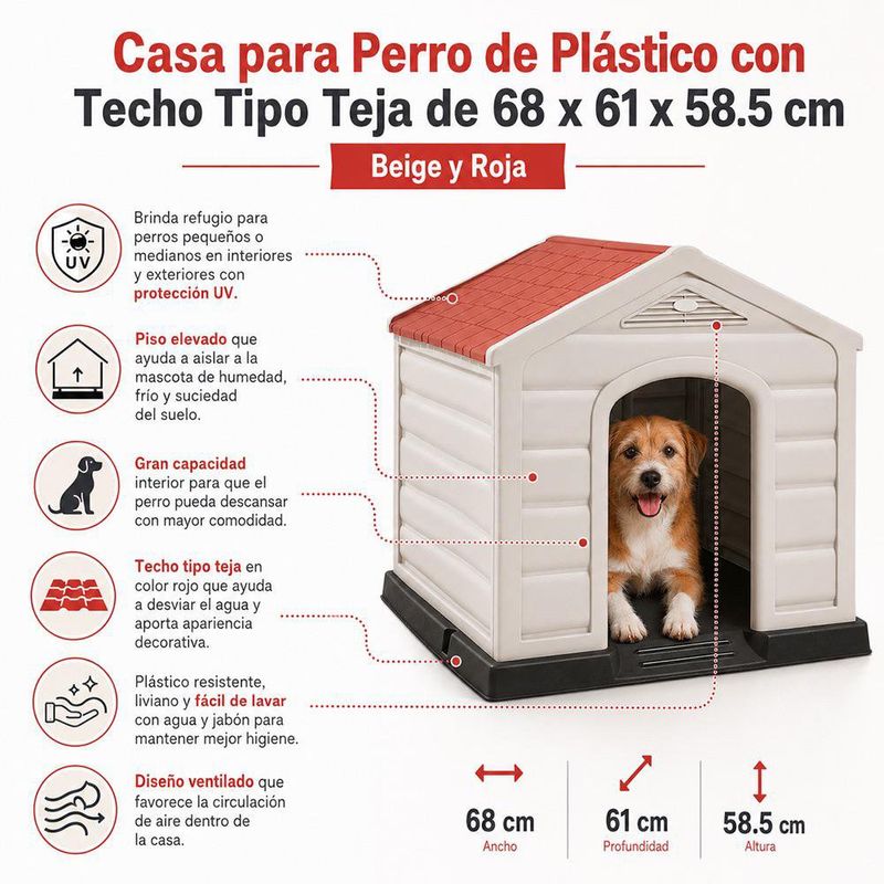 Casa para Perro de Plástico con Techo Tipo Teja de 68 x 61 x 58.5 cm Beige y Roja