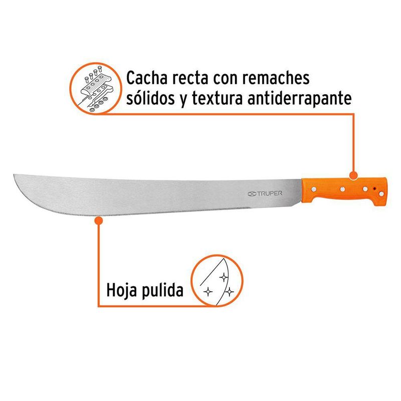 Machete Estándar de Hoja Pulida 18 Plg con Mango Naranja Remachado