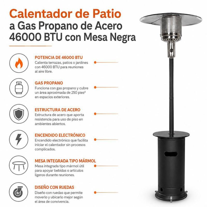Calentador de Patio a Gas Propano de Acero 46000 BTU con Mesa Negra