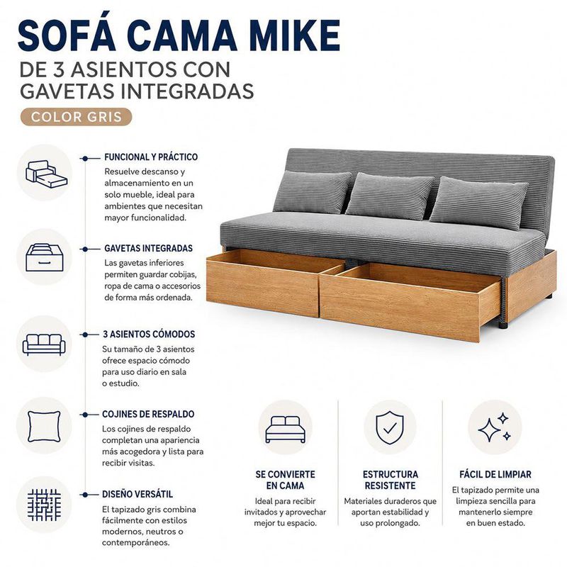 Sofá Cama Mike de 3 Asientos con Gavetas Integradas Color Gris