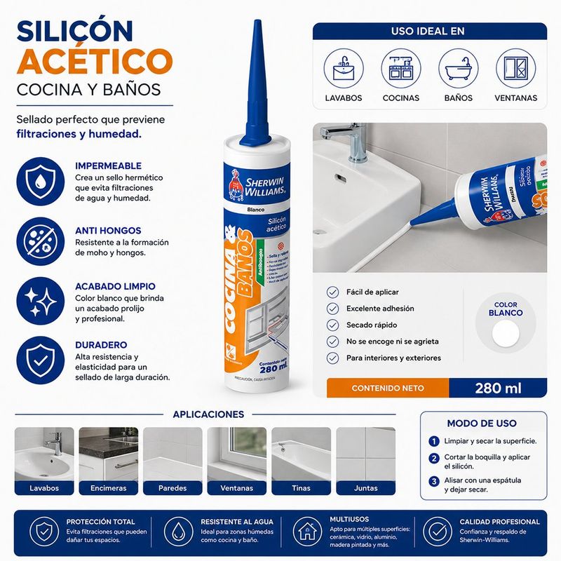 Sellador de Silicón Acético Transparente para Cocina y Baños 280 mL en Cartucho