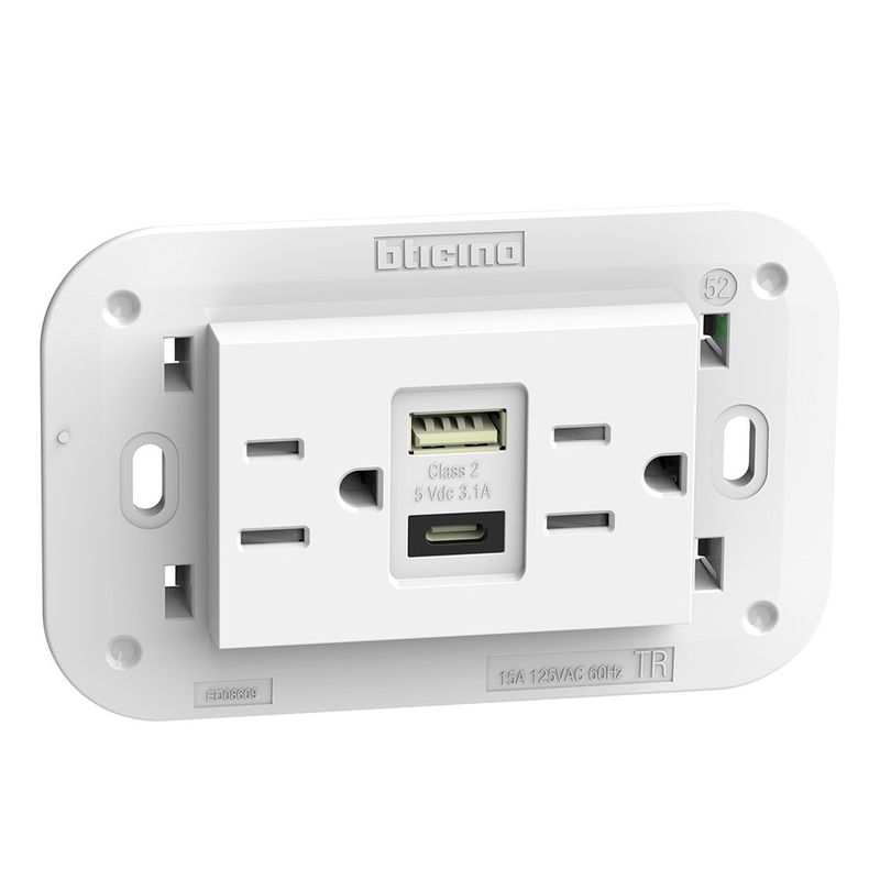 Tomacorriente Dúplex 2P+T 15A con USB Tipo A y Tipo C de 3 Módulos en Color Blanco