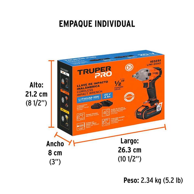 Llave de Impacto Inalámbrica 1/2 Plg 20V con Velocidad Variable y Batería 4Ah