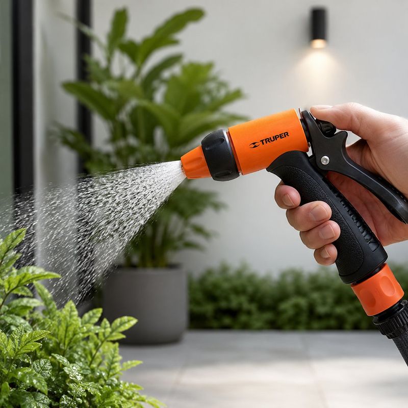 Pistola para Manguera Plástica de 2 Riegos con Clip de Flujo Color Negro y Naranja